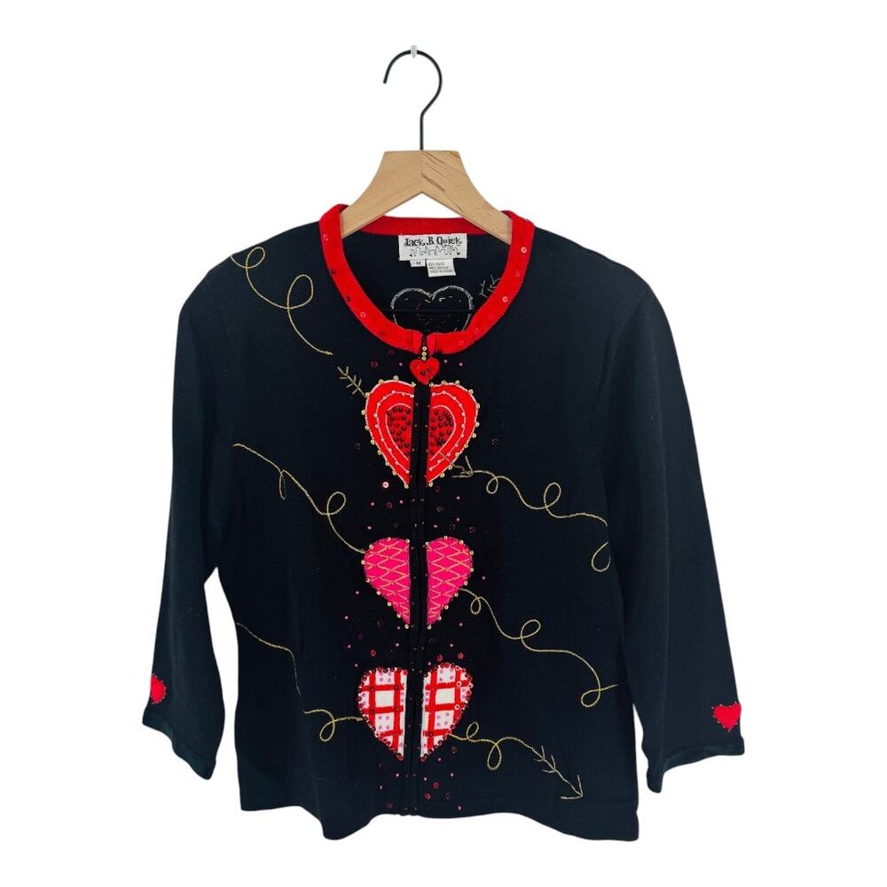 Vintage Jack B‎ Quick Embellished Cardigan Heart Zip Black Red Sweater Size M
